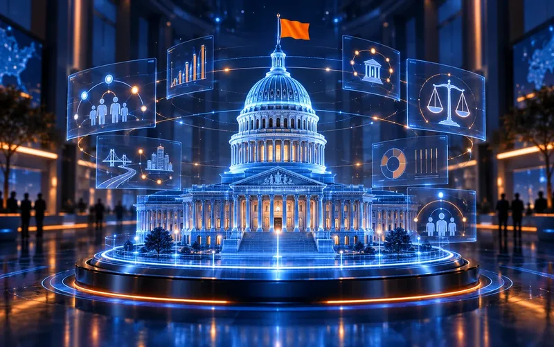 Holographic capitol building surrounded by civic data panels