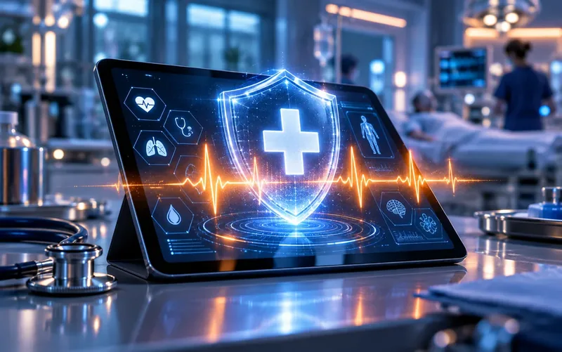 Medical tablet projecting a protective shield and heartbeat line