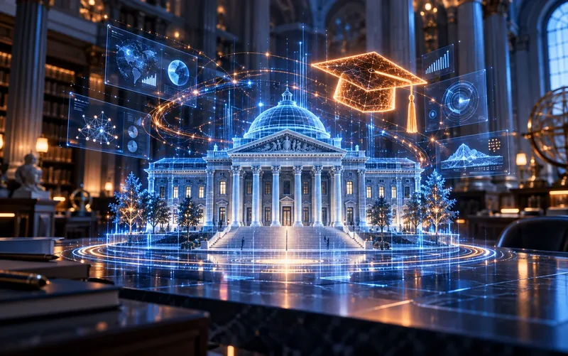 Holographic university hall with a glowing graduation cap and campus data