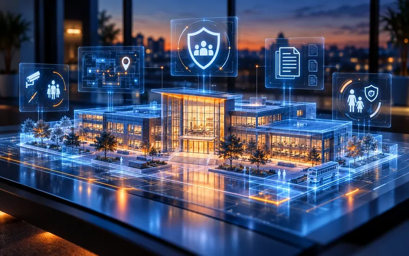 Holographic model of a school campus with student-safety and policy panels