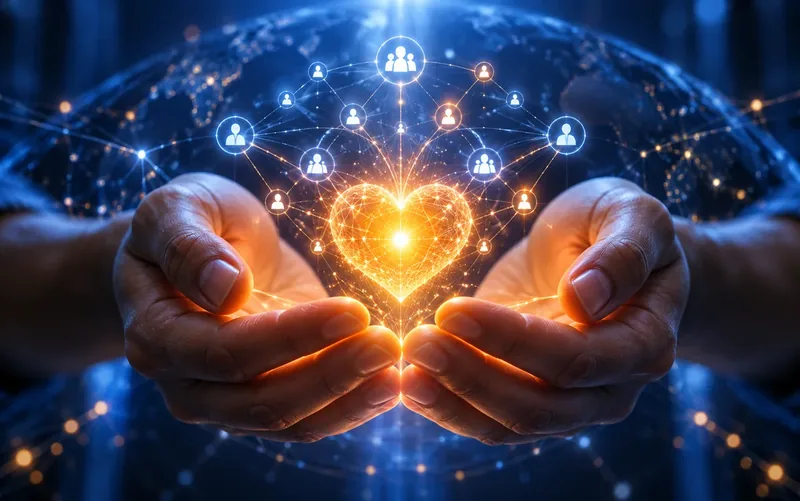 Hands holding a glowing heart connected to a network of community members