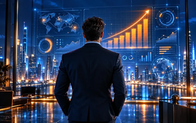 Professional facing a holographic dashboard of rising growth charts