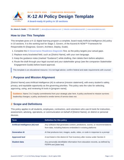 Cover of the K-12 AI Policy Design Template